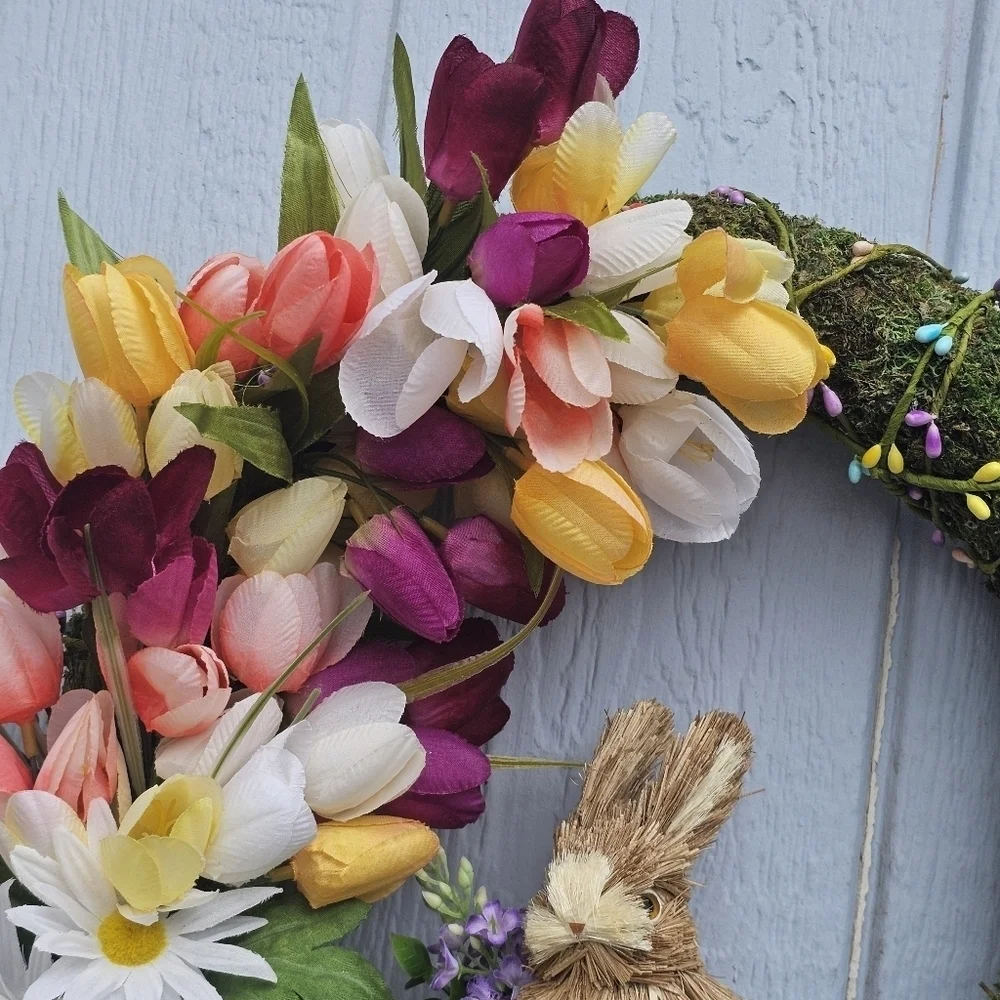 Handmade Spring Floral Easter Wreath with Bunny Moss Covered With Tulips Daisies